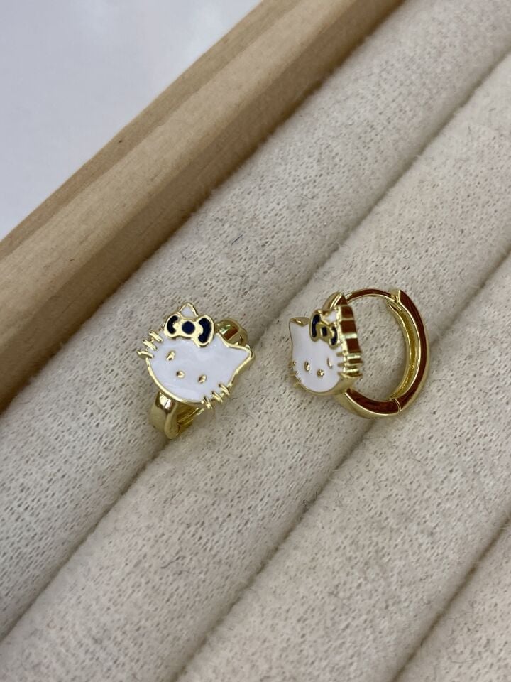 Özel Seri Çocuk Fiyonklu Hello Kitty Halka Küpe (İç çapı:1,1 cm)