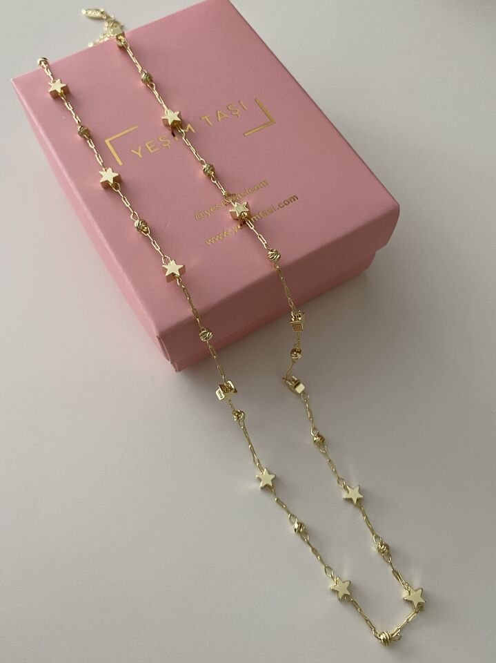 Yansımalı Yıldız Detay Dorika Topçuklu Zincir”50cm”