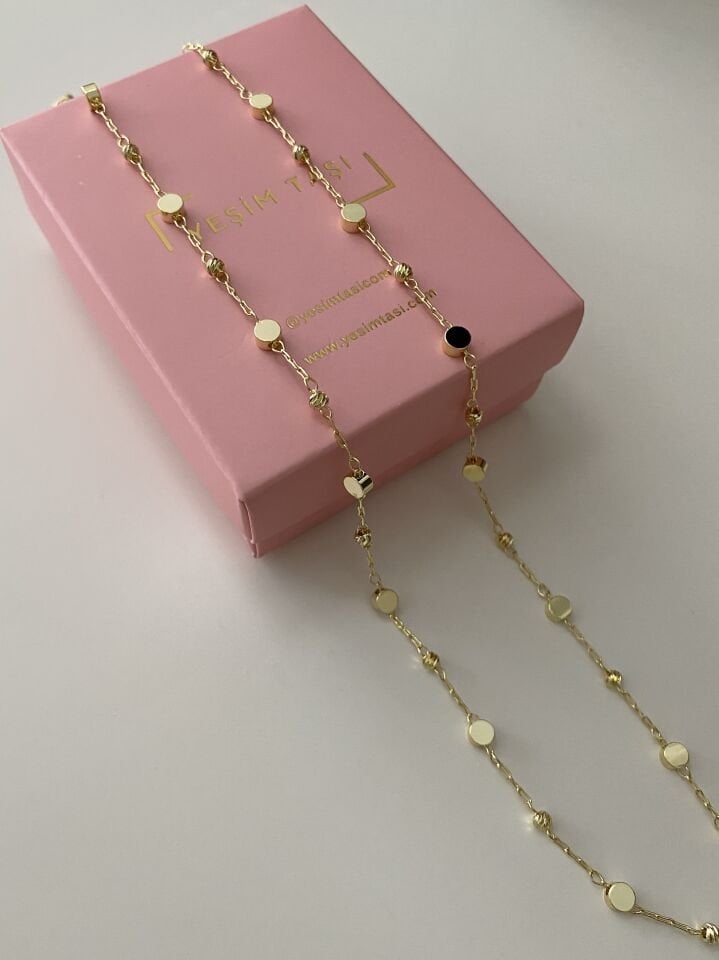 Altın Kaplama Yansımalı Dolgulu Daire Detay Zincir Kolye 50cm