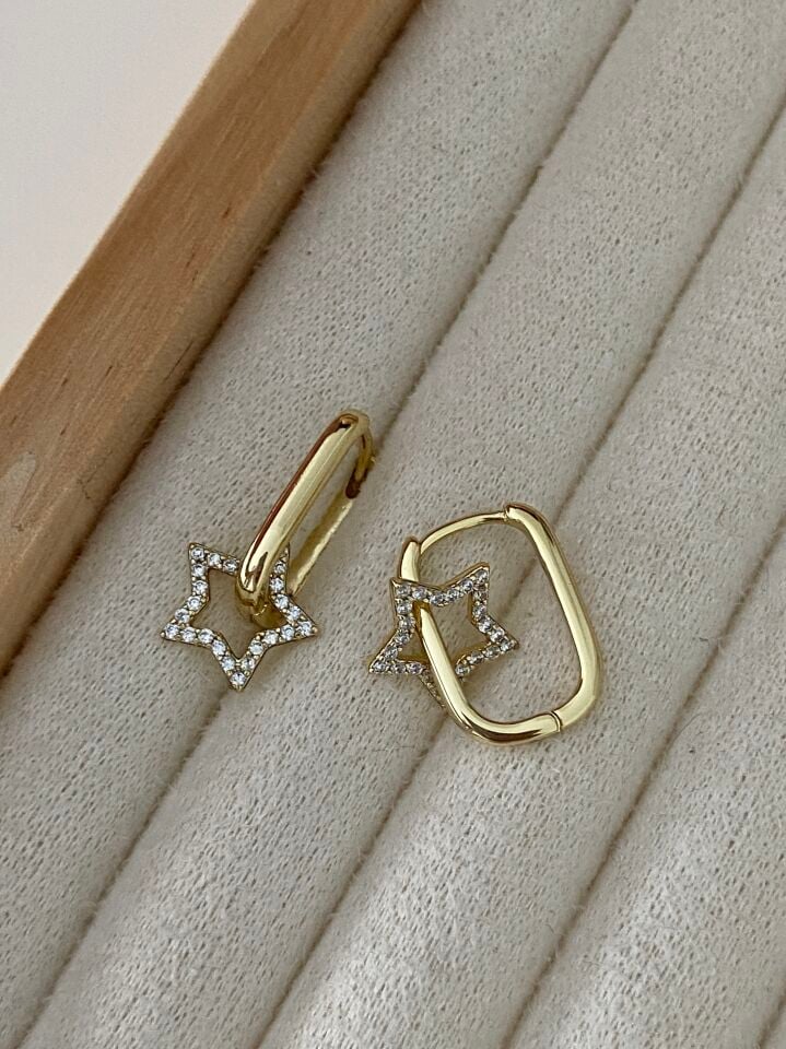 Altın Kaplama Taşlı Yıldızlı Charm Halka Küpe