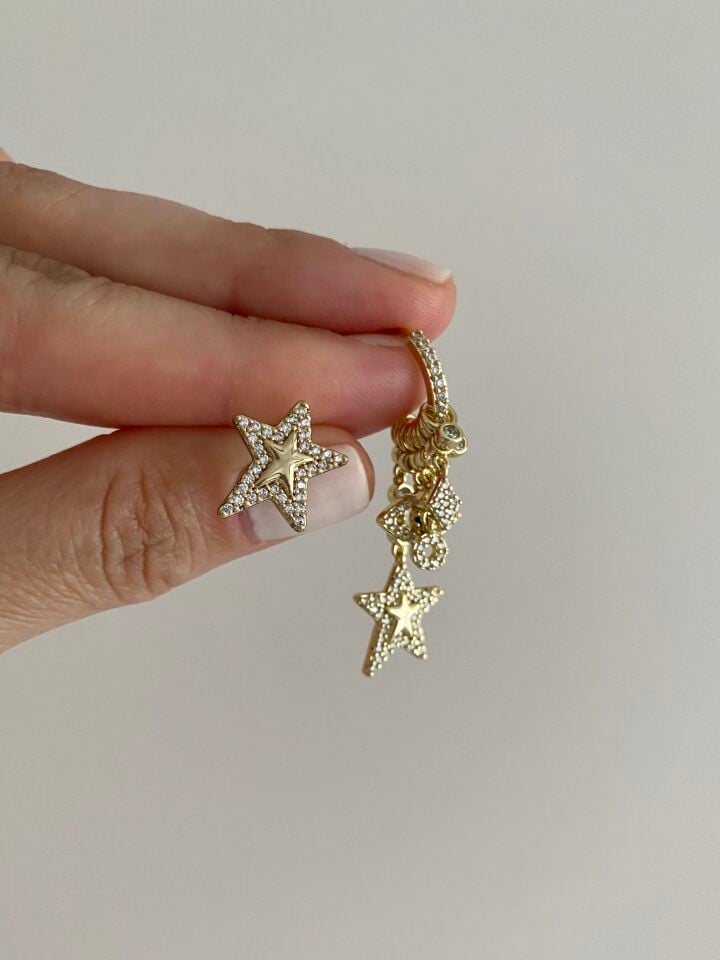 Altın Kaplama Star Eye Asimetrik Charm Küpe
