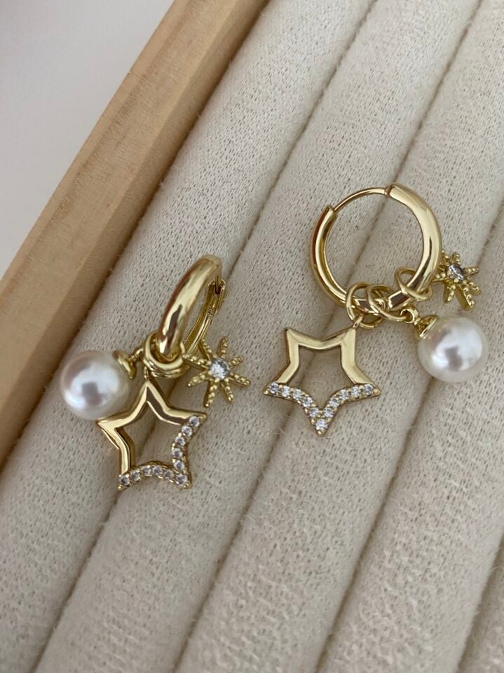 Altın Kaplama Pearl Charm Halka Küpe