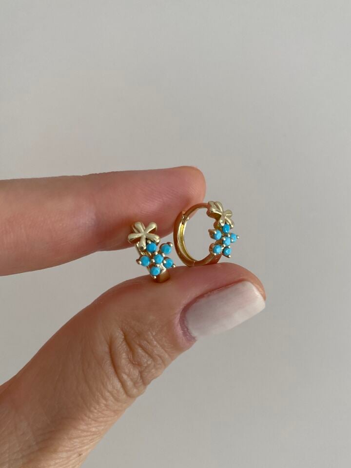Özel Seri Firuze Taşlı Çiçek Motif Halka Küpe