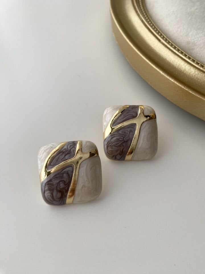 Epoksi Çift Renk Kare Vintage Küpe