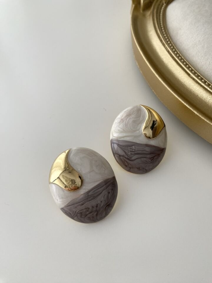 Epoksi Çift Renk Oval Vintage Küpe