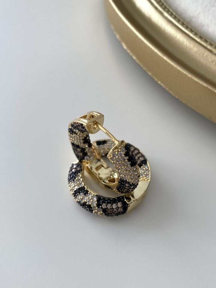 Leopar Desen Zirkon Taşlı Halka Küpe