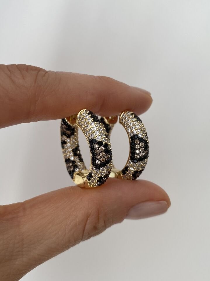 Leopar Desen Zirkon Taşlı Halka Küpe